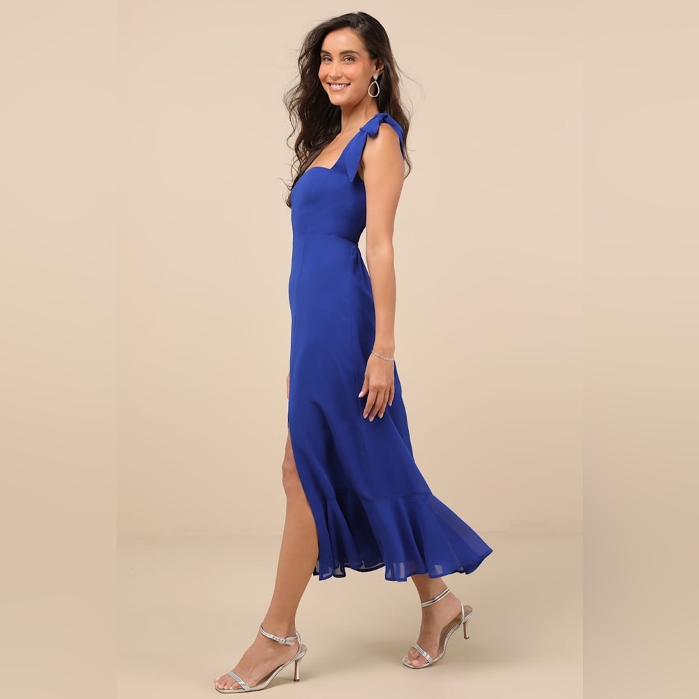 Lulus Summer Invite Tie-Strap Tiered Midi Dress, Royal Blue, Size M, NWT - Picture 2 of 13